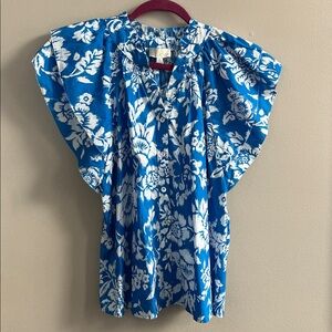 Pinch Antonio turquoise floral button down tiered short sleeve top size small